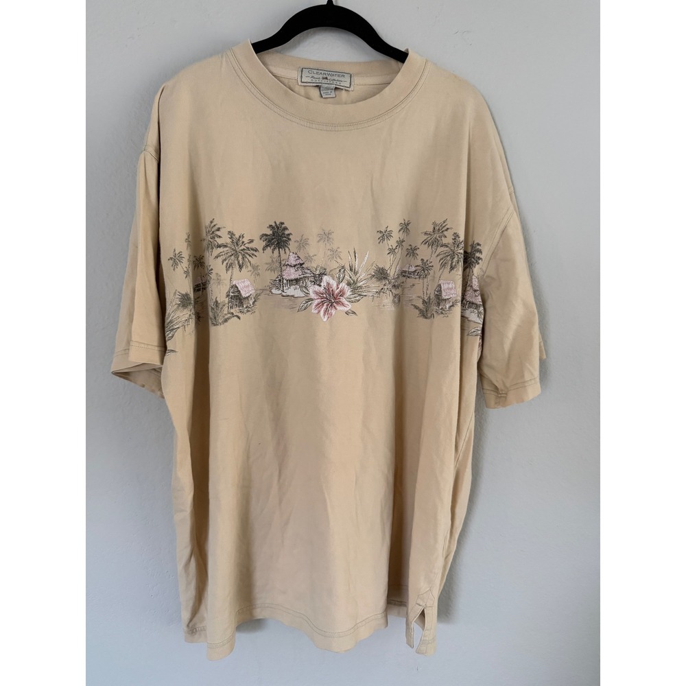 Clearwater Resort Collection Mens XL Tan Tropical Palm Tree Hibiscus Graphic Tee